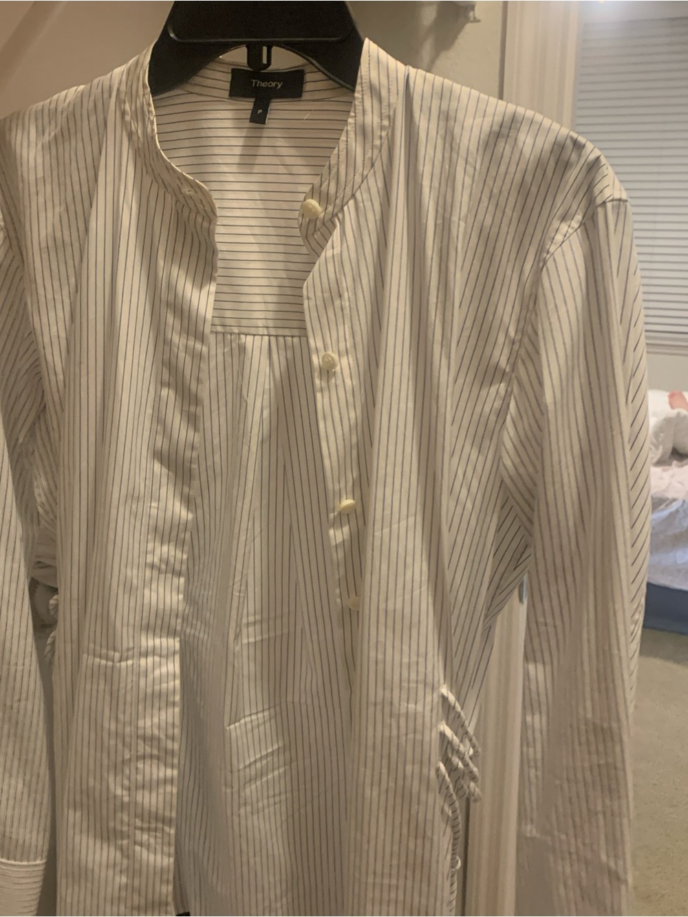 Theory Men’s Cream White Shirt with Thin Navy Pinstripes